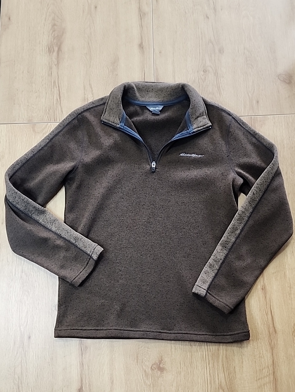 Eddie Bauer Men's Zip-Neck Fleece Sweater - Brown with Blue Trim